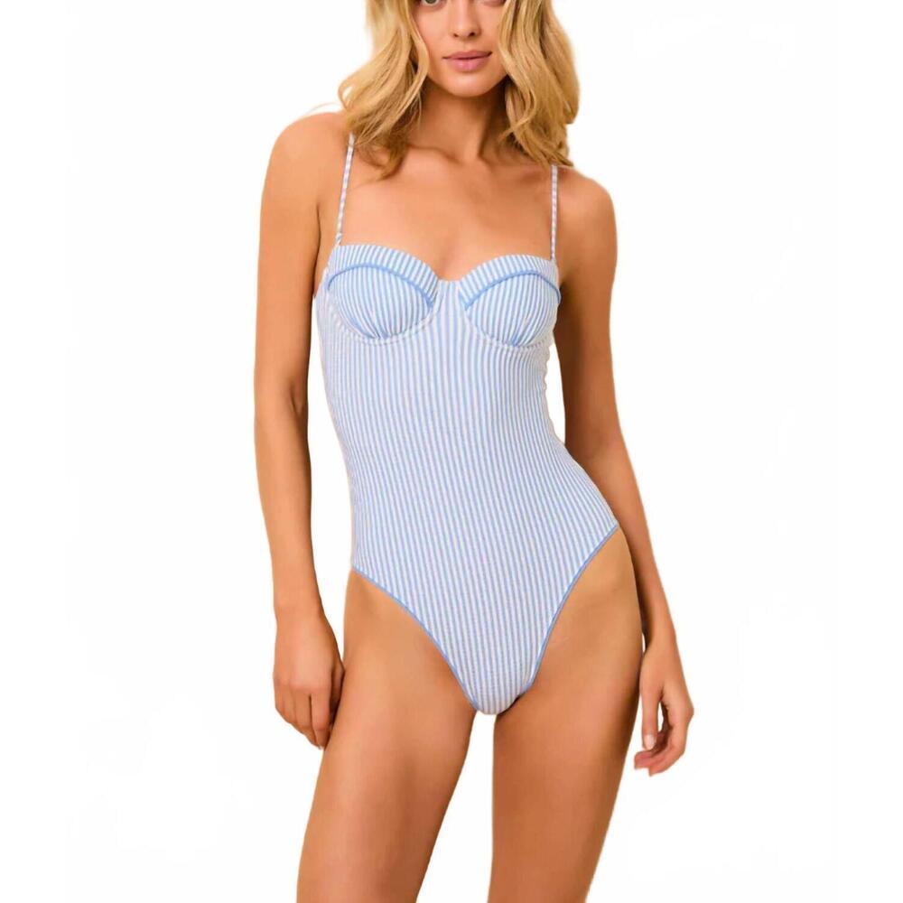 NEW SOLID & STRIPED alma seersucker one piece in blue lagoon brule mini stripe
